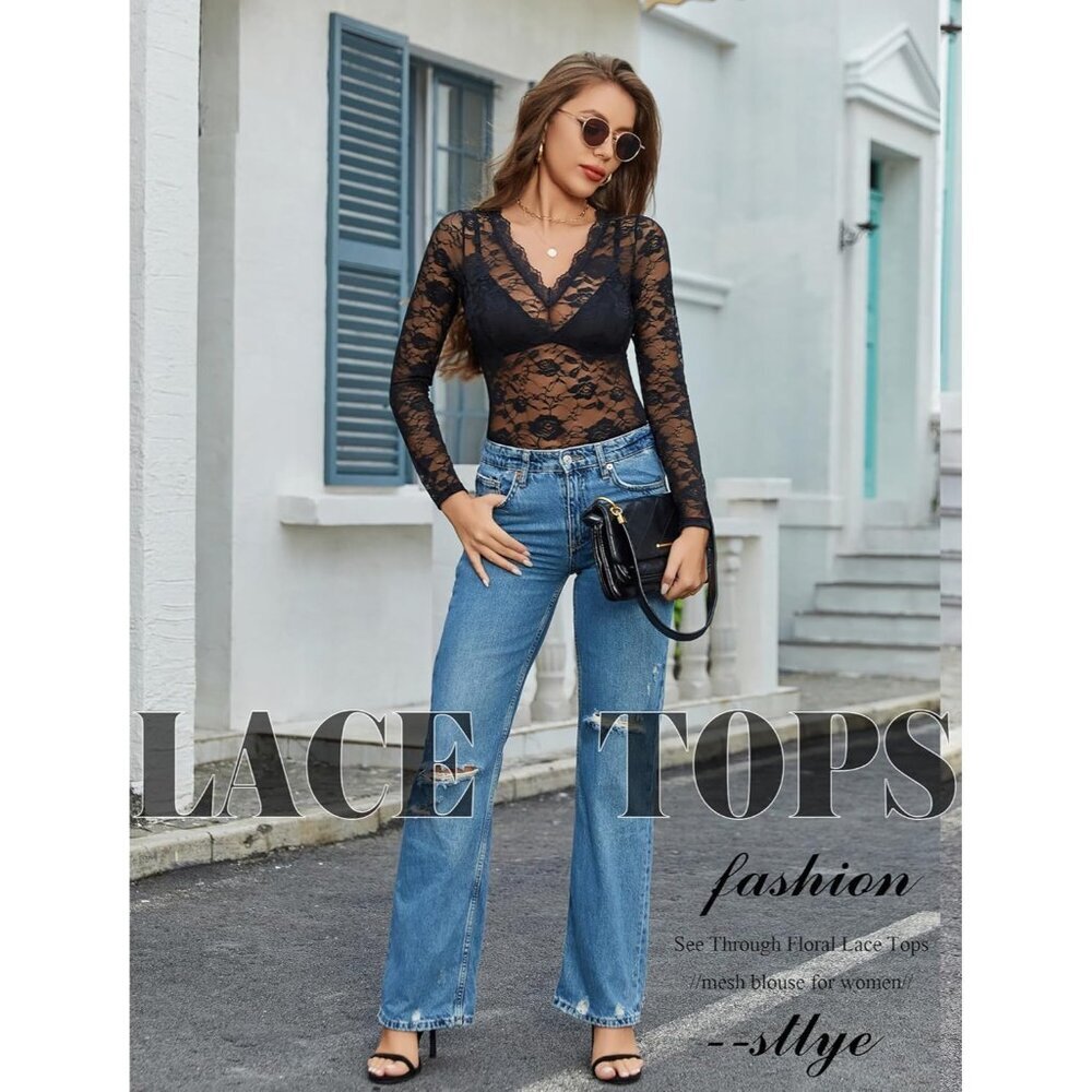Women Mesh Top Sheer Lace Long Sleeve V-Neck Floral Blouse Under Shirts - Picture 6 of 8